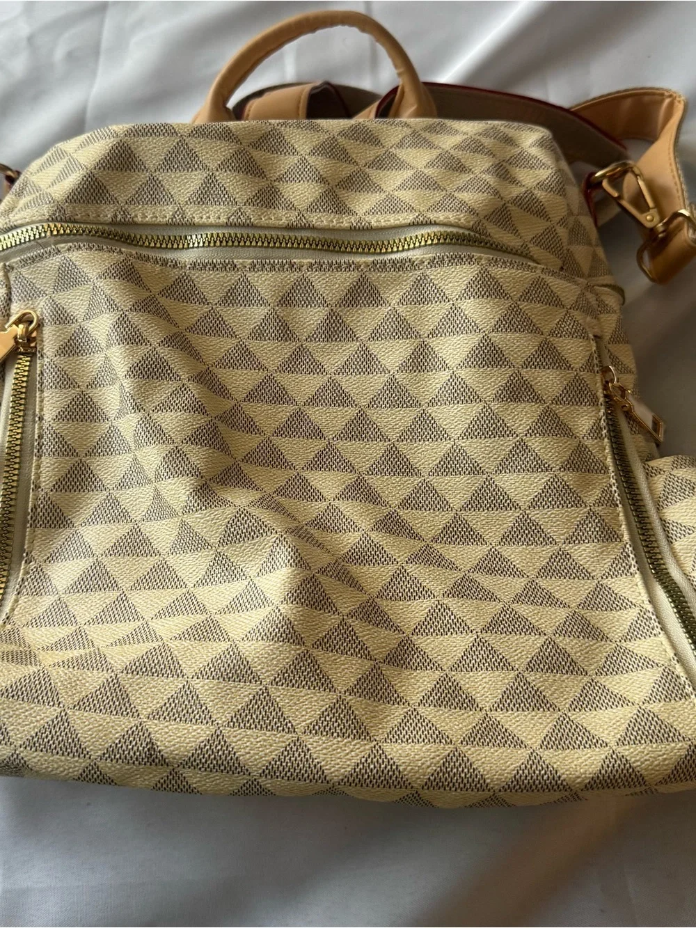 Beige Geometric Pattern Women's Backpack with Tan Accents